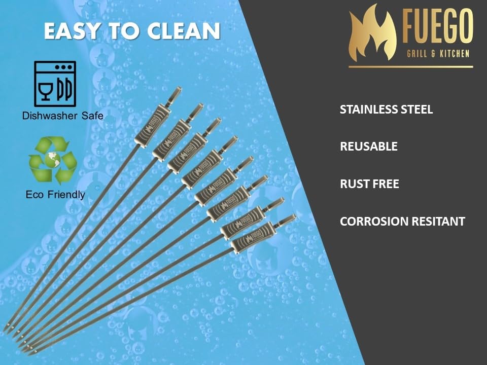 Set of 8 Fuego skewers with a portable storage pouch.