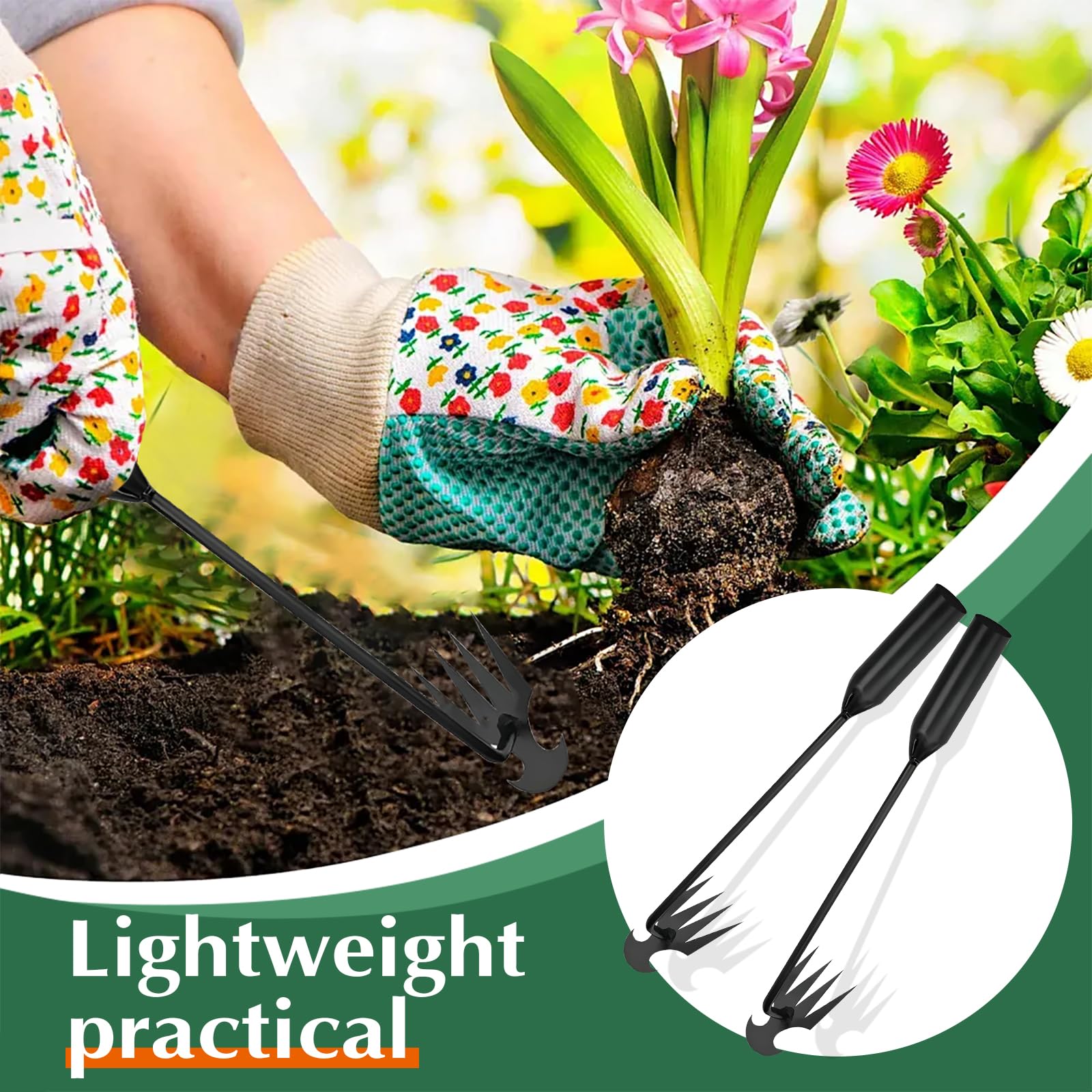 Fugit weed puller with four teeth for efficient soil loosening and weed removal.