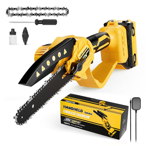FUHAUS mini chainsaw with Dewalt 20V battery for portable wood cutting.