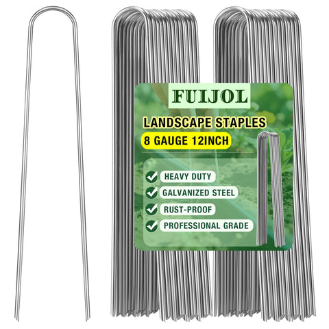 FUIJOL 12-inch landscape staples secure weed barrier fabric with strong hold.