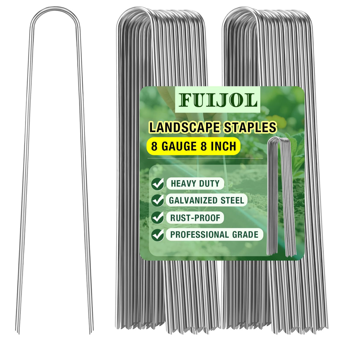 FUIJOL 8G landscape staples with extended hold securing weed barrier fabric