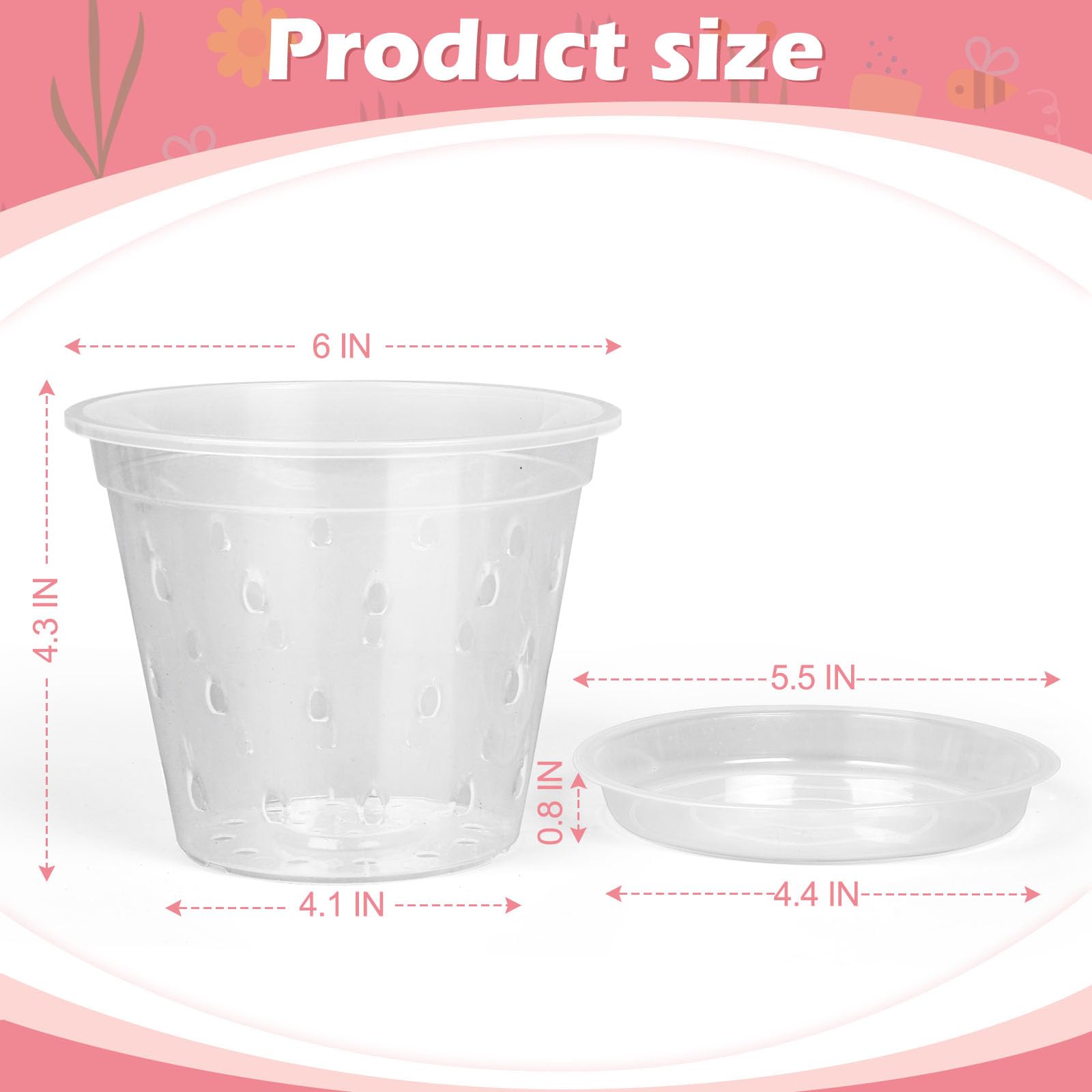 Six matching saucers accompany the clear orchid pots for tidy surfaces.