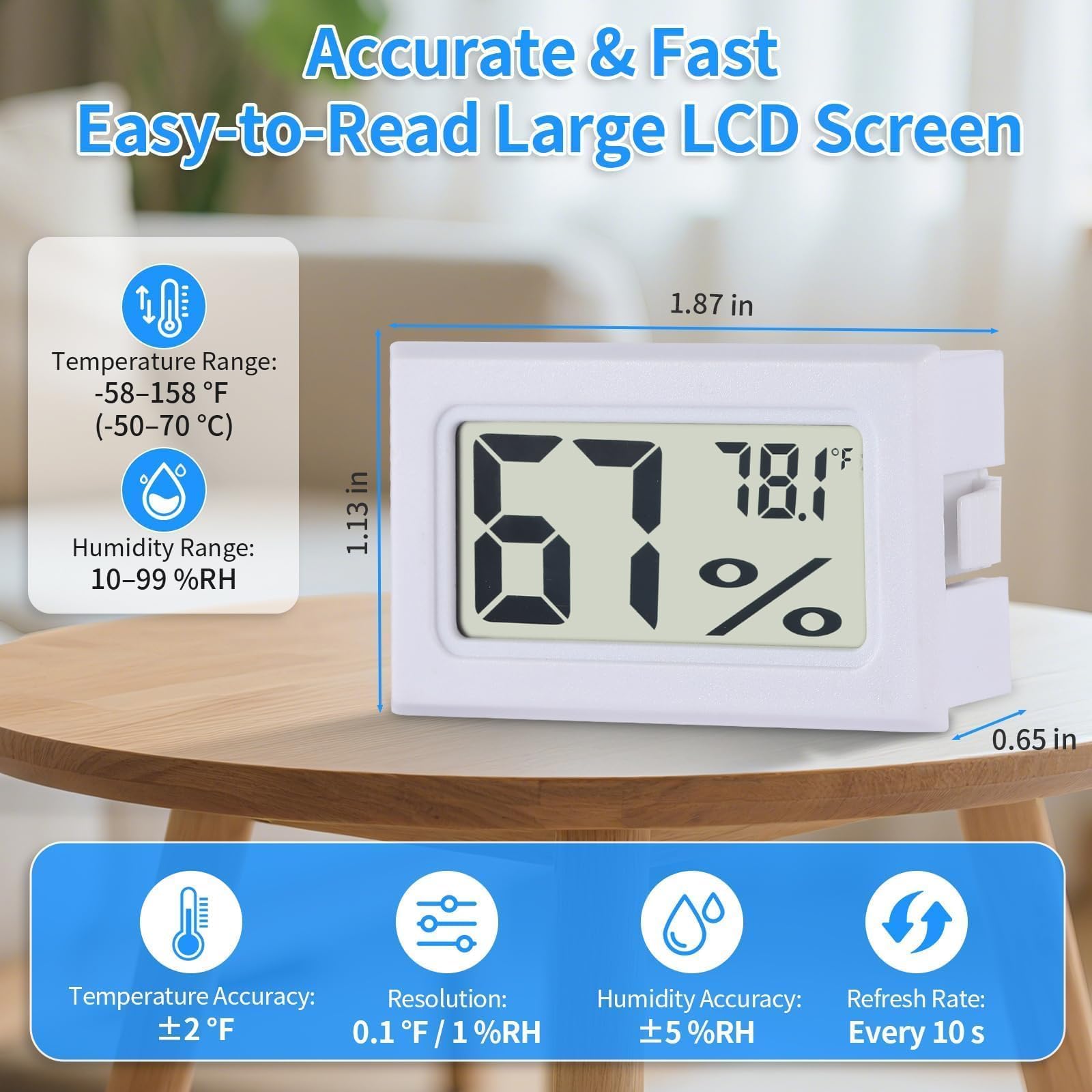 Fuitnerd mini hygrometer with narrow-edge adhesive for slim shelves provides a clean look.