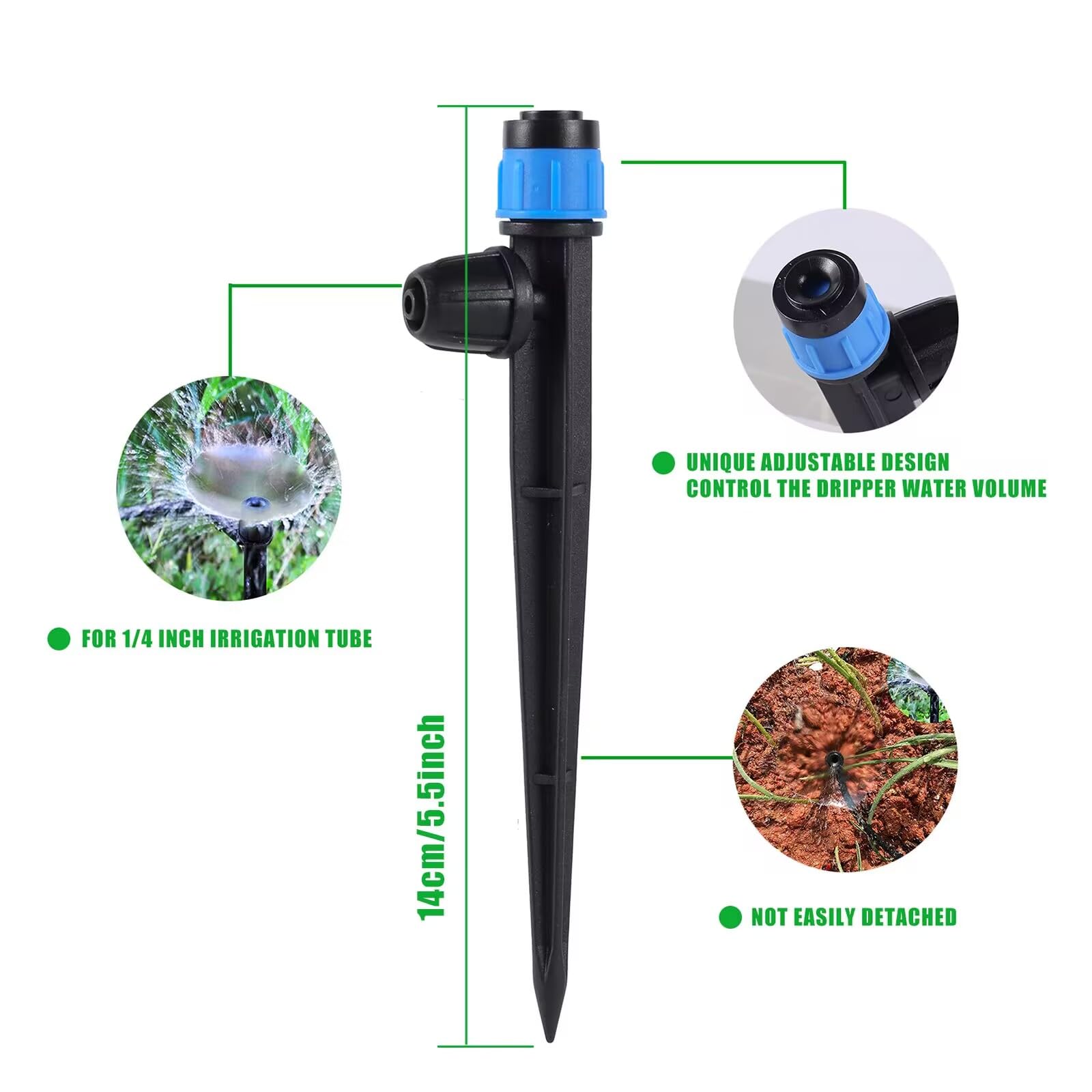 FULAIERGD blue emitters mounted on tubing demonstrate even distribution across garden pots.
