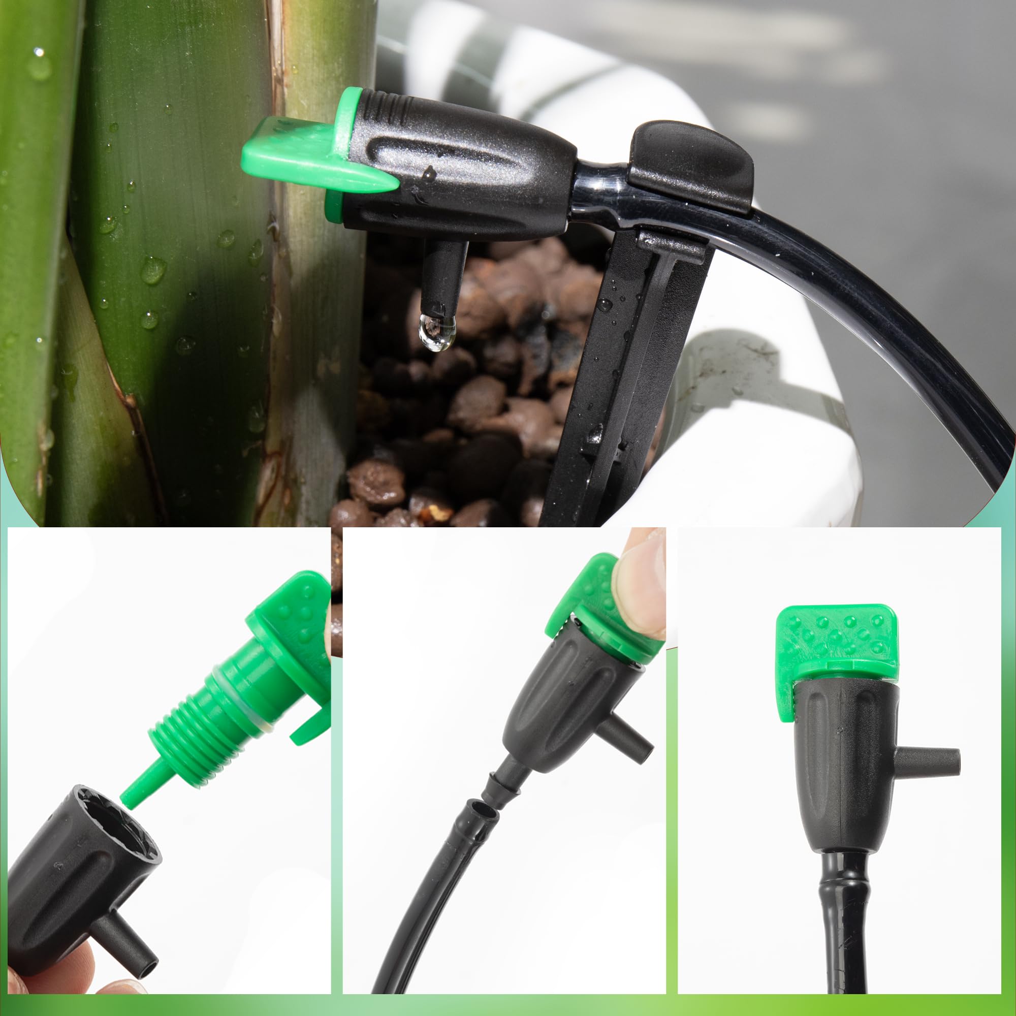 Stake supports keep drippers steady in garden beds.