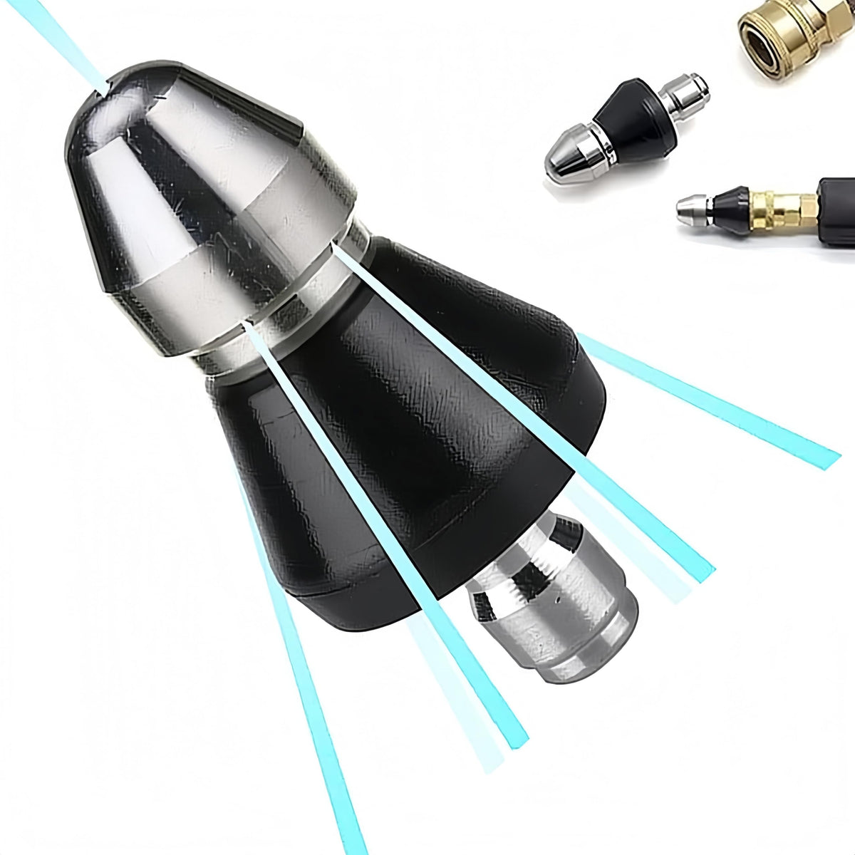Fullikes sewer nozzle with front jet delivers focused cleaning in tight pipes.