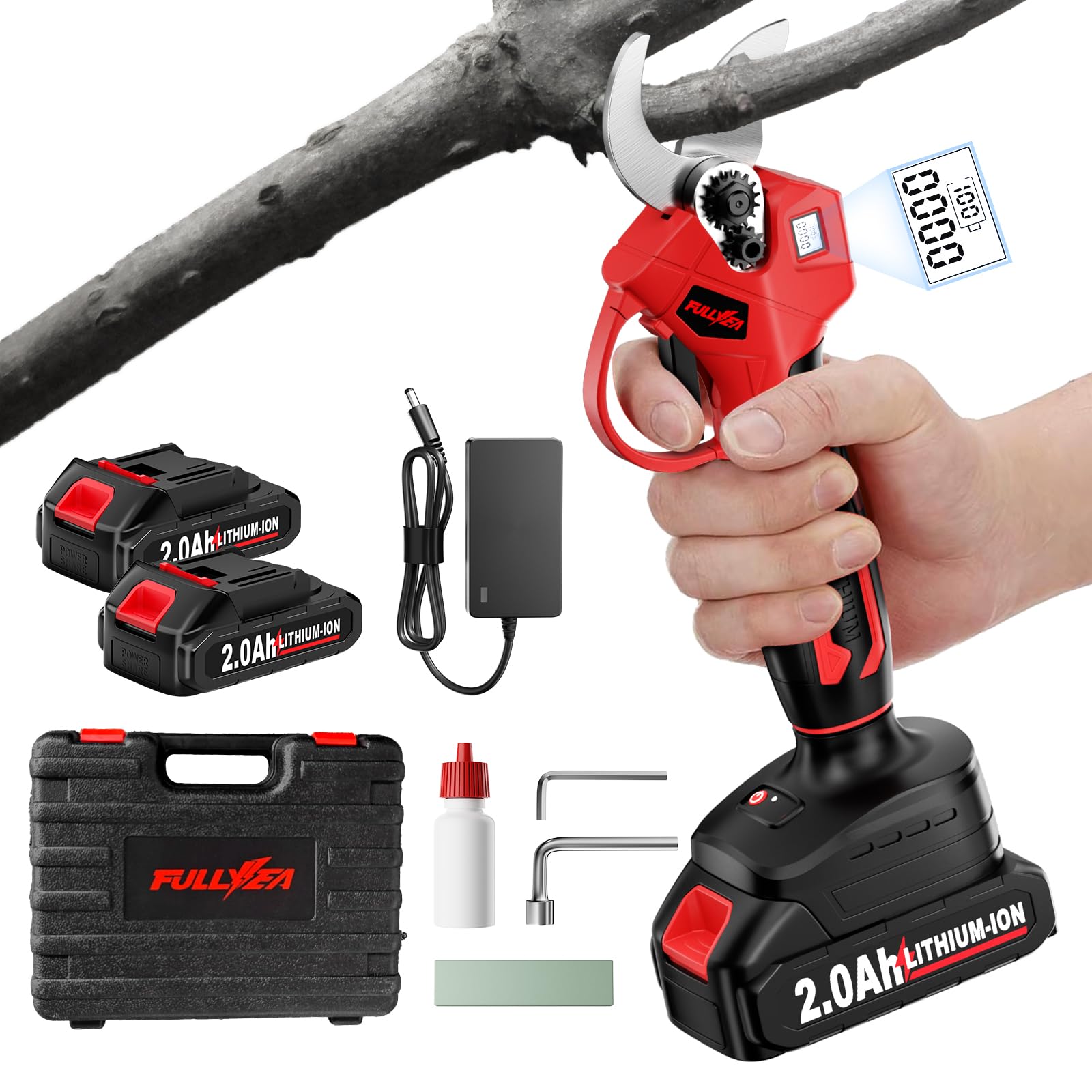Fullyea electric pruning shears showing a 1.4-inch cutting capability for precise pruning.