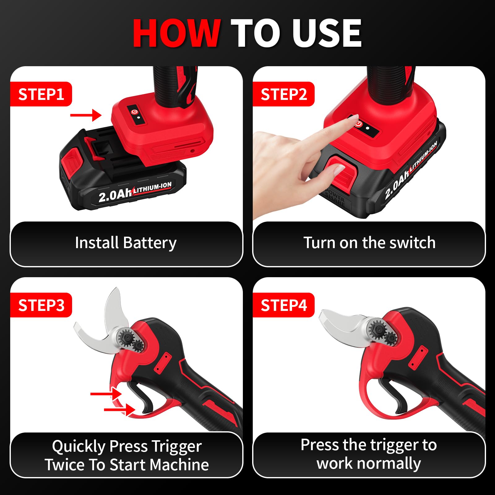 Two 21V 2.0Ah batteries for long pruning sessions
