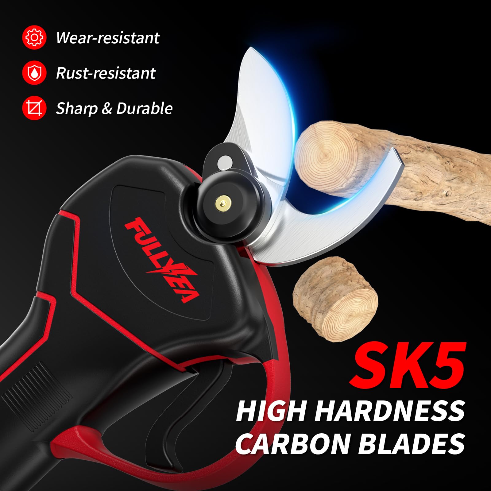 FULLYEA Electric Pruning Shears highlighting smart sleep mode saves battery