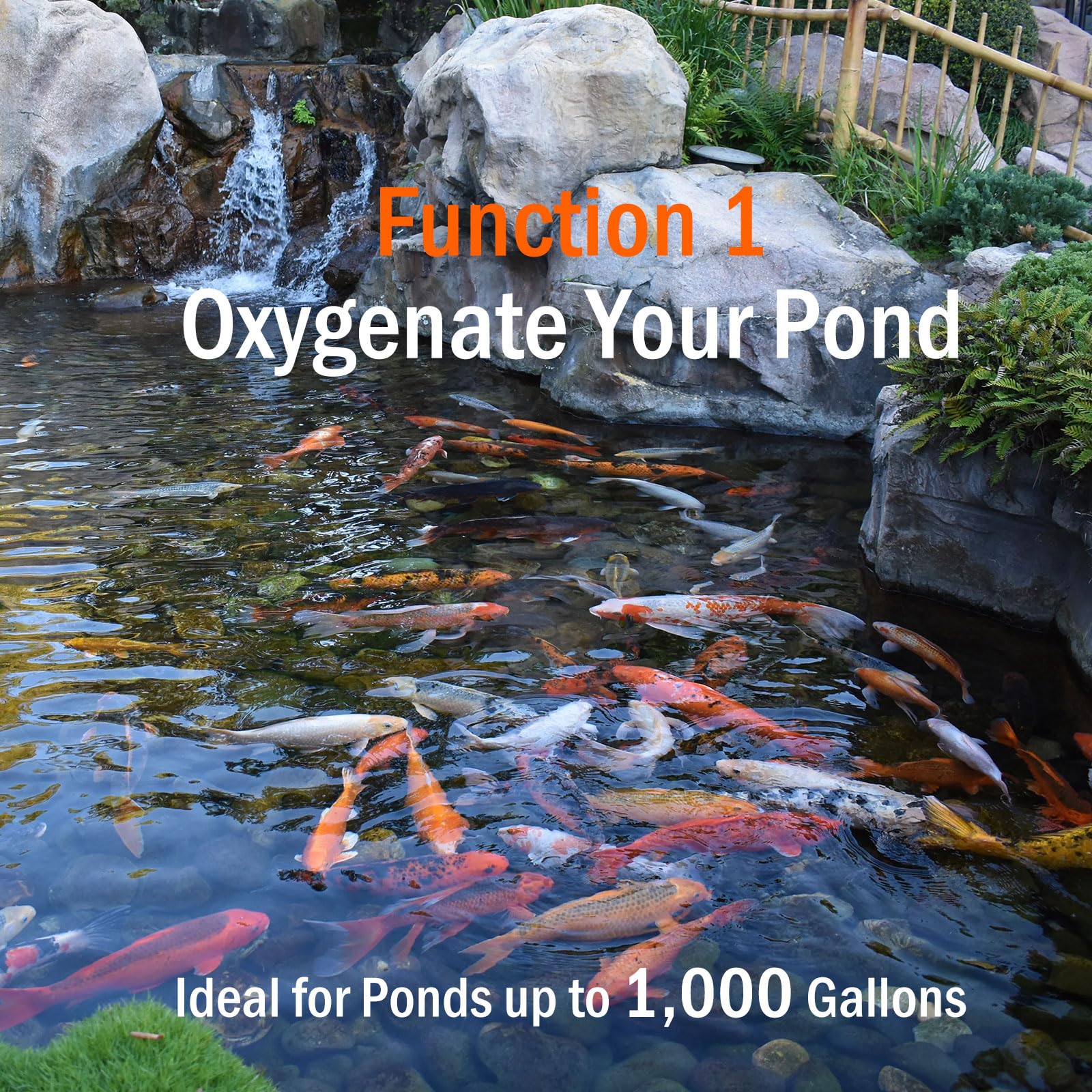 FUMAK Pond Aerator diaphragm and outlets durability image shows long-lasting corrosion-resistant parts.