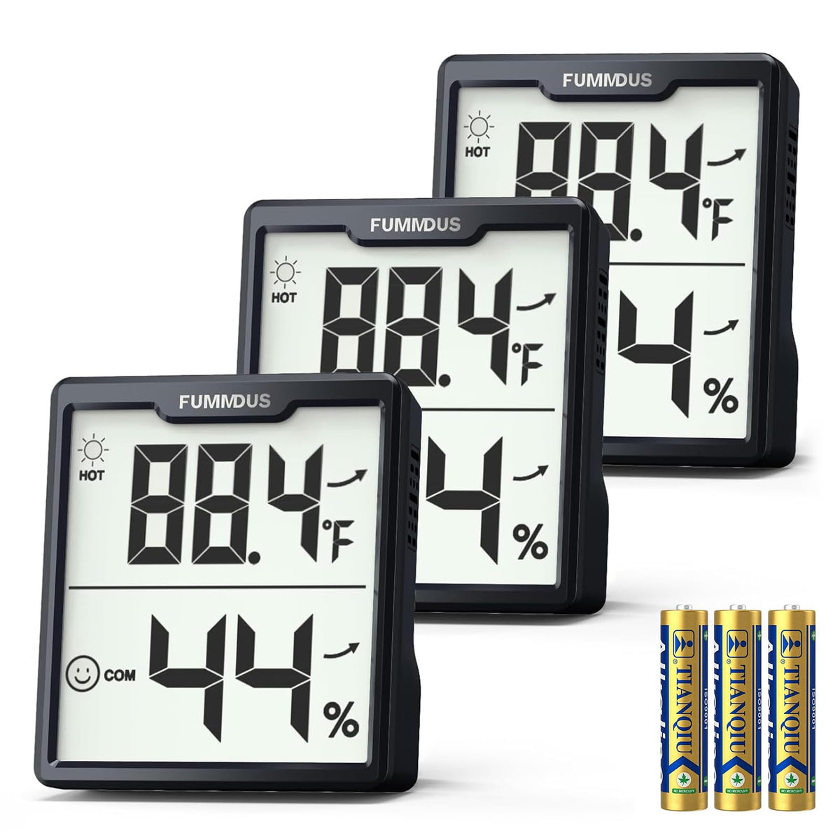 FUMMDUS digital hygrometer display with clear temperature and humidity readouts.