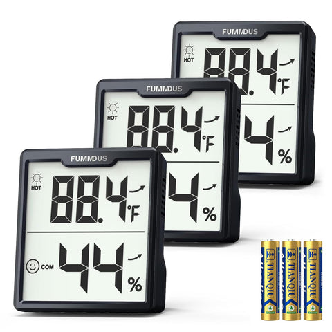 FUMMDUS digital hygrometer display with clear temperature and humidity readouts.