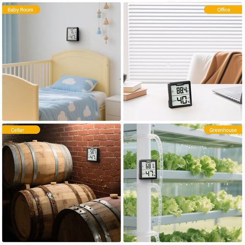 FUMMDUS hygrometer ideal for baby rooms, offices, greenhouses, and cellars.