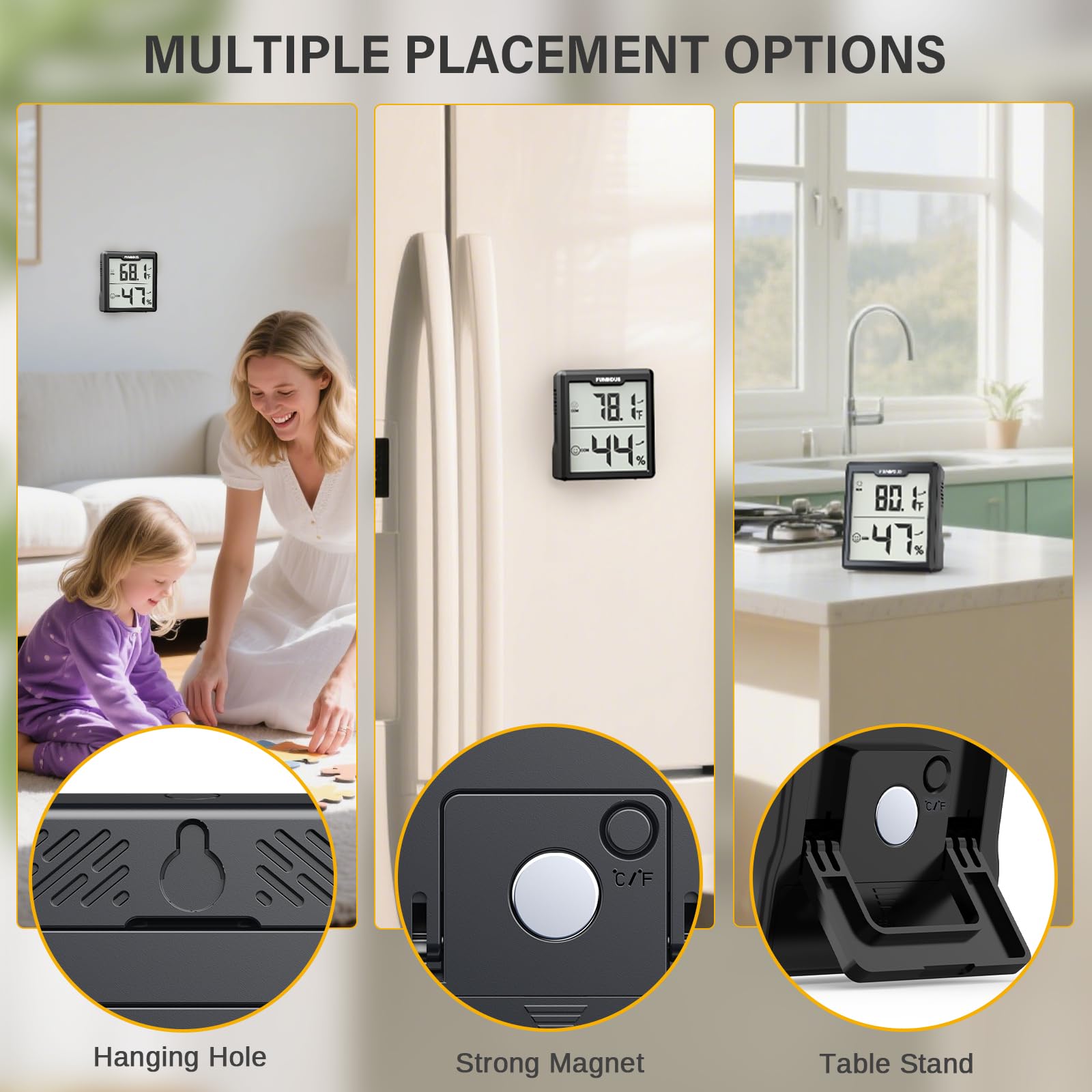FUMMDUS hygrometer offers three mounting options for versatile placement.