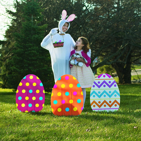 Fun Express oversized egg yard sign adds colorful pathways to welcome guests.