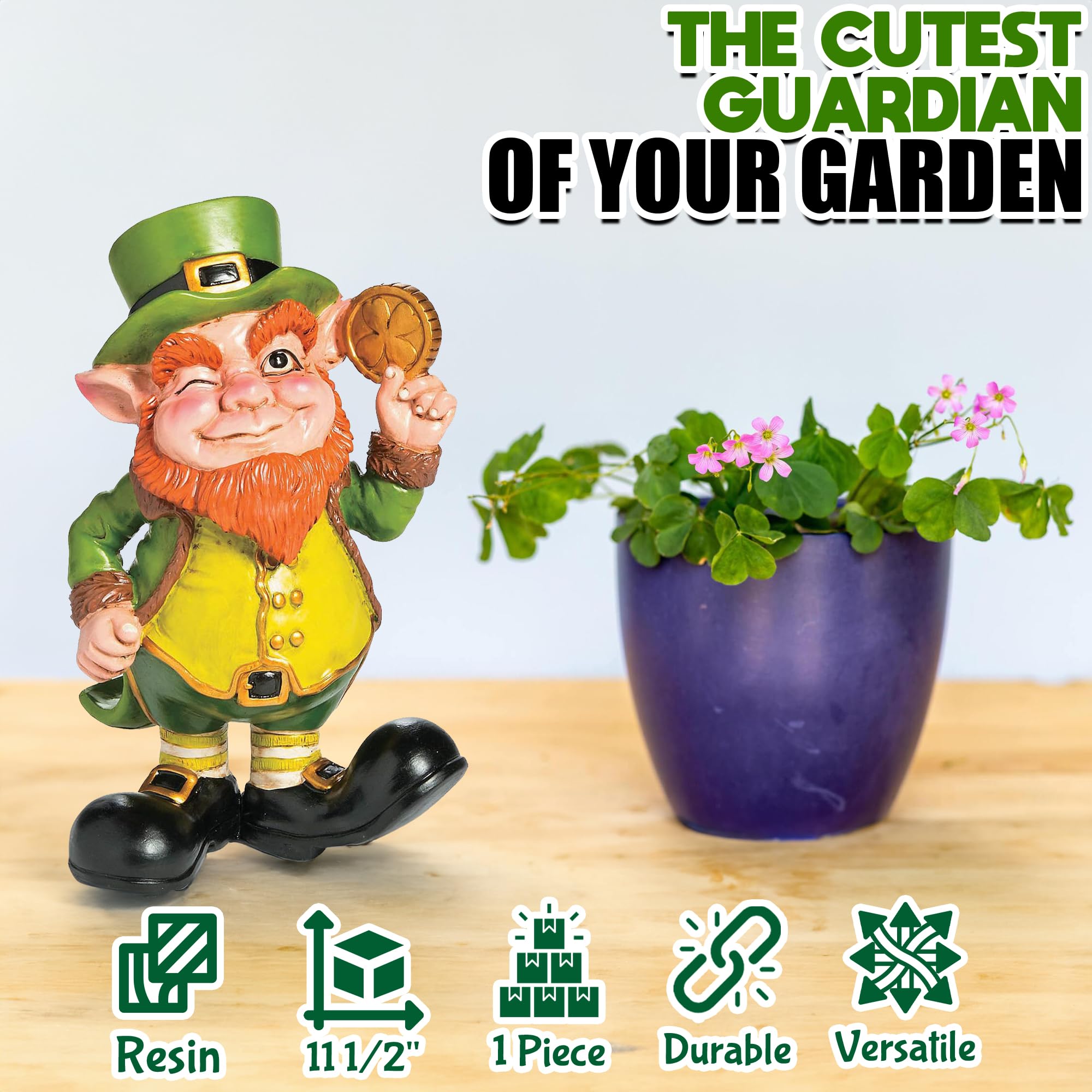 Fun Express Leprechaun garden statue in a garden bed arrangement
