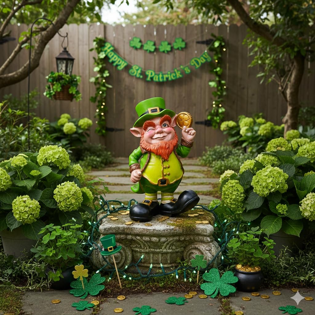 Fun Express Leprechaun garden statue on porch display setting