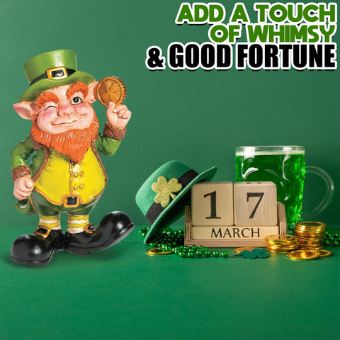 Fun Express Leprechaun garden statue as a St Patrick's Day outdoor centerpiece