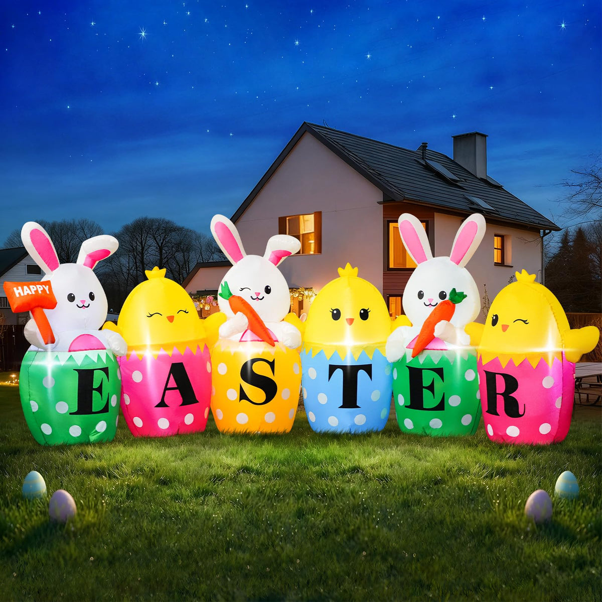 FunFanso 10ft Easter bunny inflatable with LED lights for yard display.