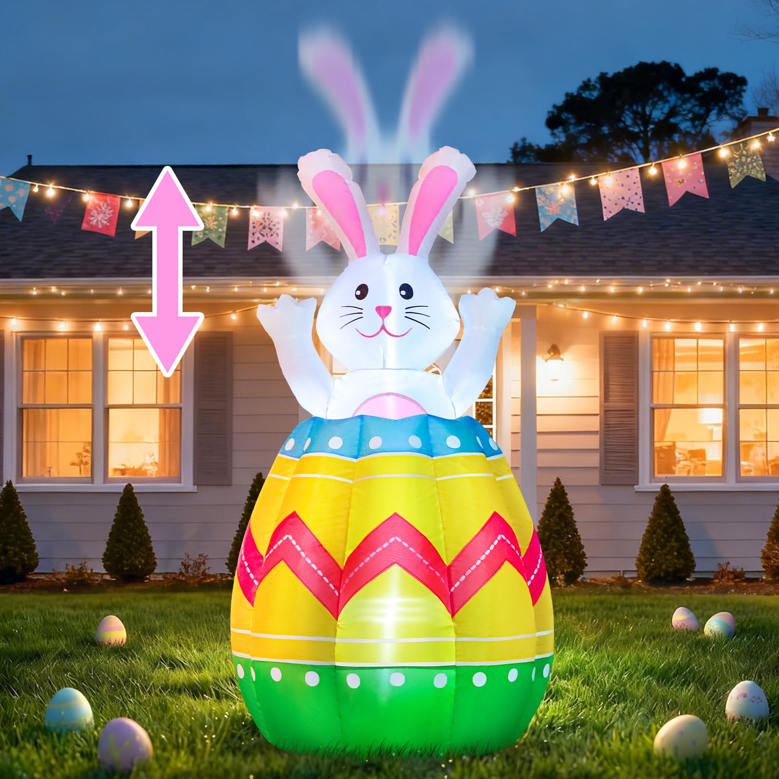 FunFanso 4ft inflatable Easter bunny peeking from an egg-shell adds yard whimsy at dusk.