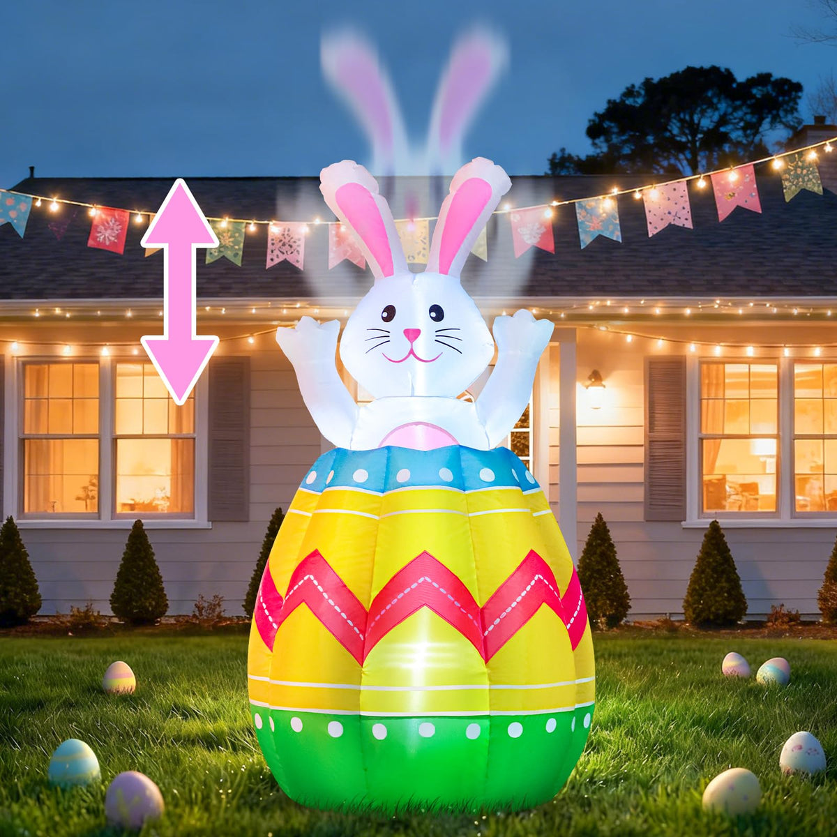 FunFanso 4ft inflatable Easter bunny peeking from an egg-shell adds yard whimsy at dusk.