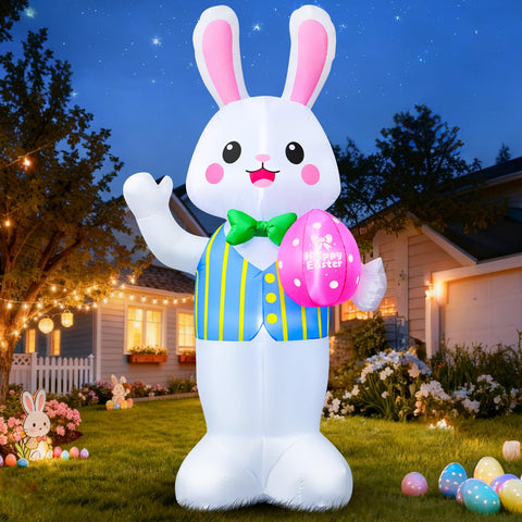 FunFanso Easter inflatable bunny stands 7ft tall, holding eggs for outdoor displays.