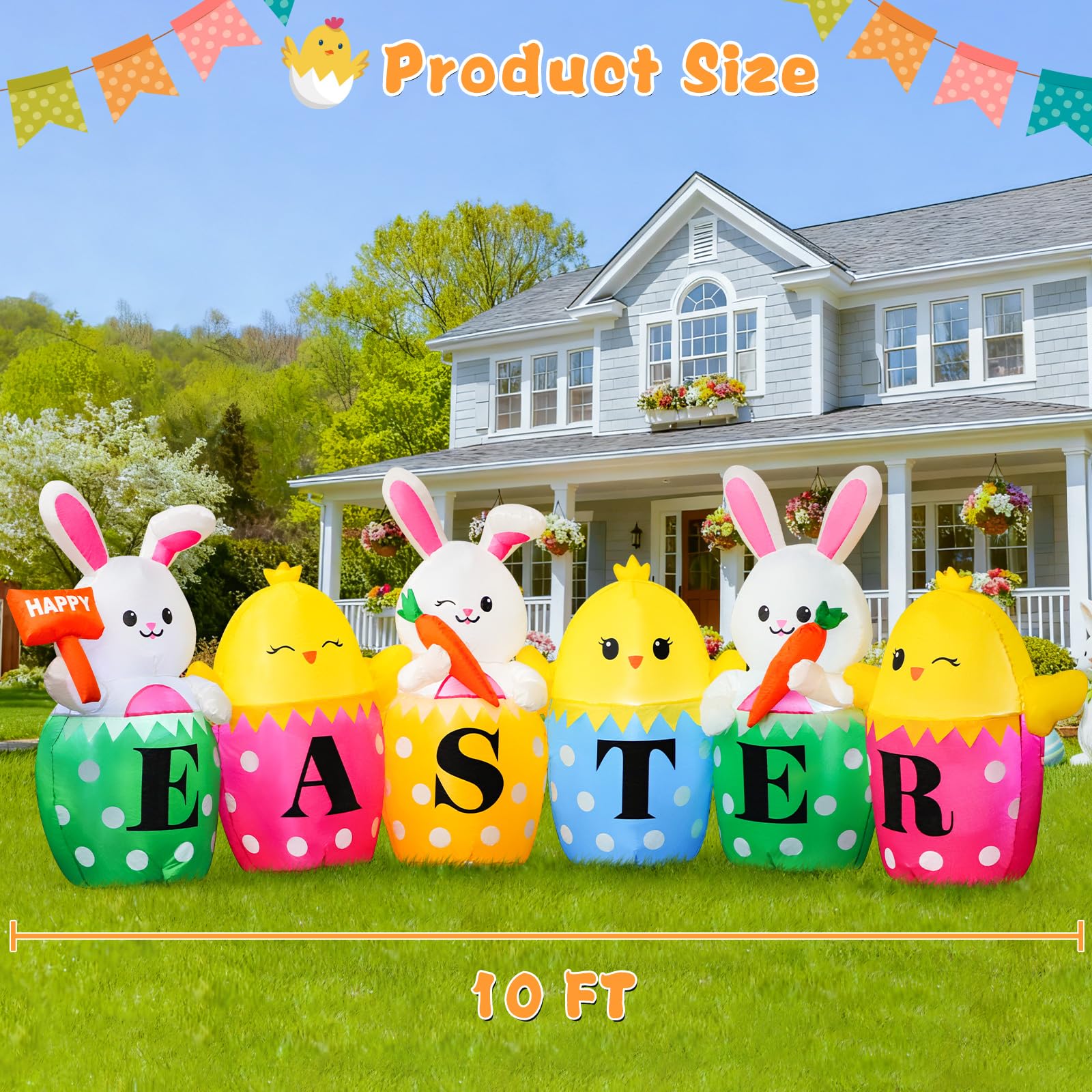 FunFanso Easter chick inflatable creates whimsical garden accents at dusk.