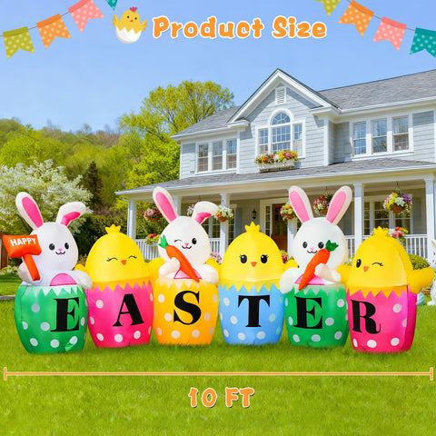 FunFanso Easter chick inflatable creates whimsical garden accents at dusk.