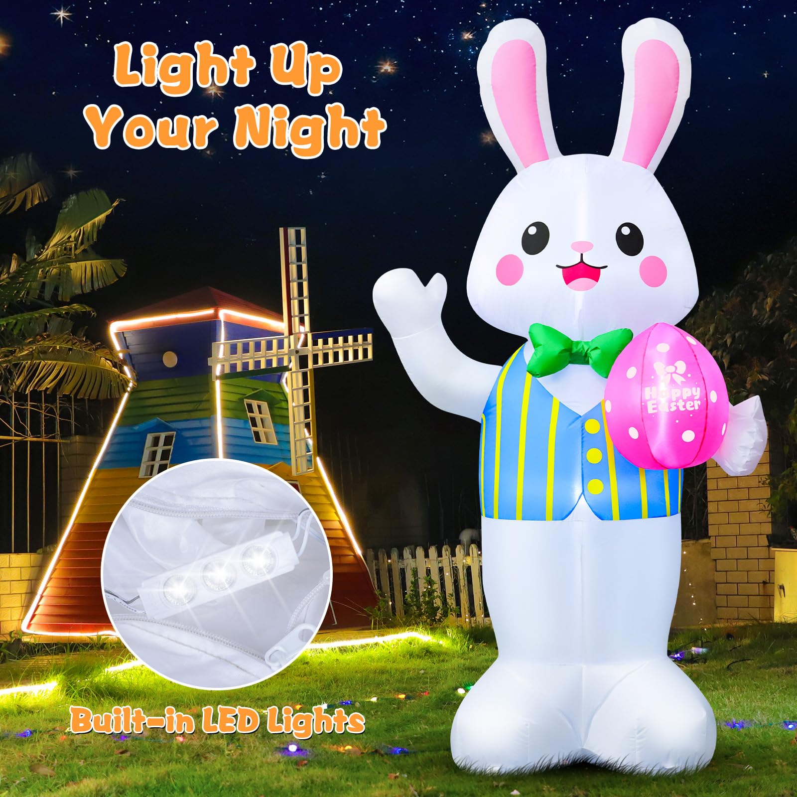 FunFanso LED-lit Easter bunny inflatable brightens outdoor spaces at night.