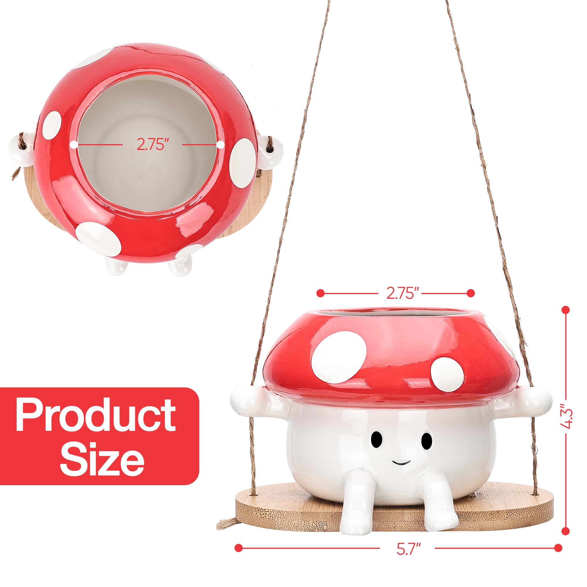Fungi Fun mushroom planter with sturdy rope for secure hanging.