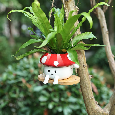 Indoor display of Fungi Fun hanging planter, ideal for small spaces.