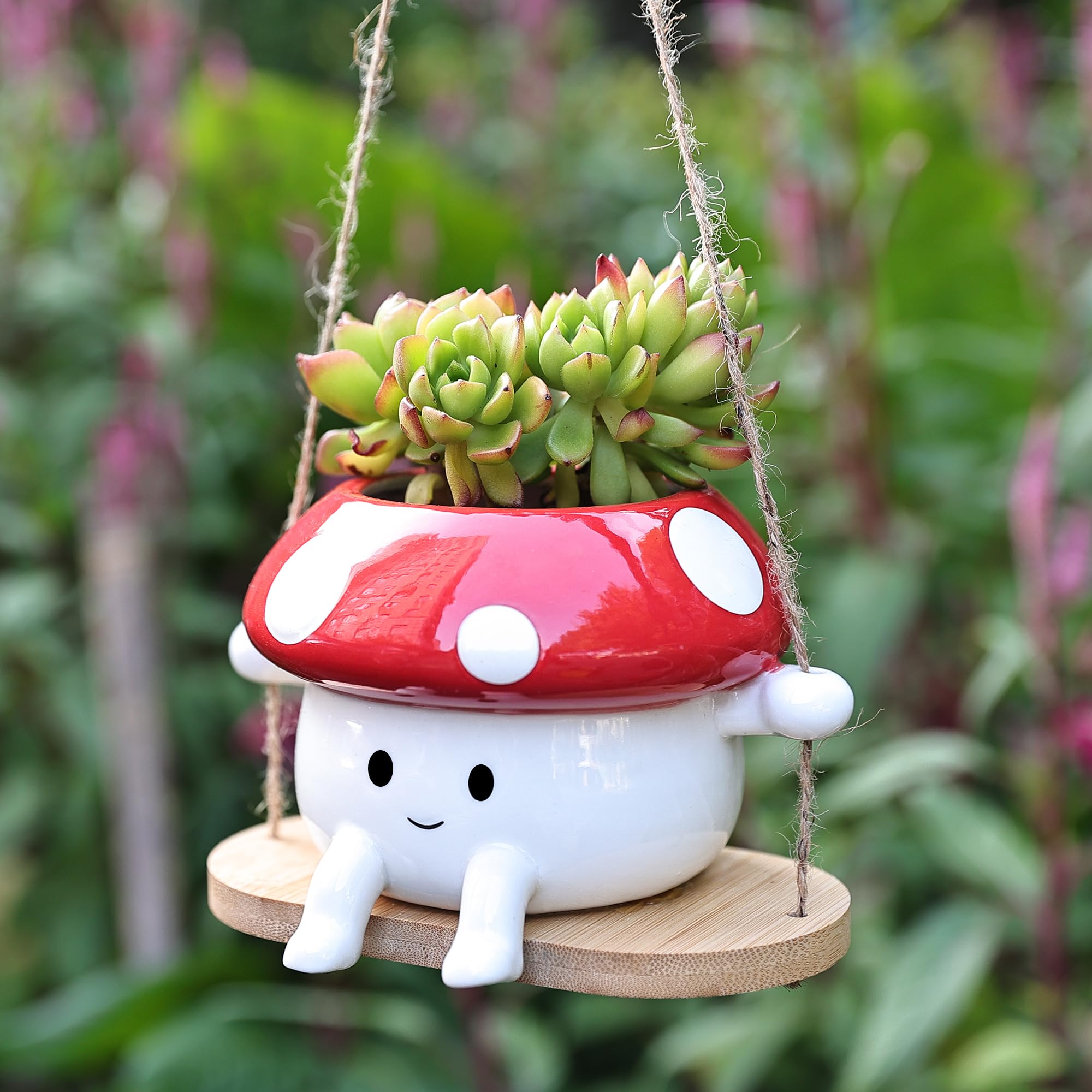 Fungi Fun mushroom planter red and white, front view for playful indoor decor.