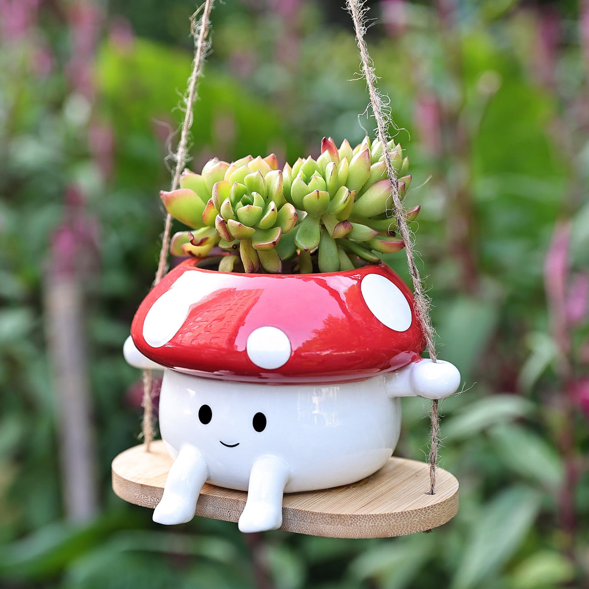 Fungi Fun mushroom planter red and white, front view for playful indoor decor.