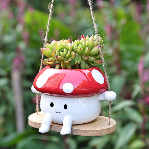 Fungi Fun mushroom planter red and white, front view for playful indoor decor.