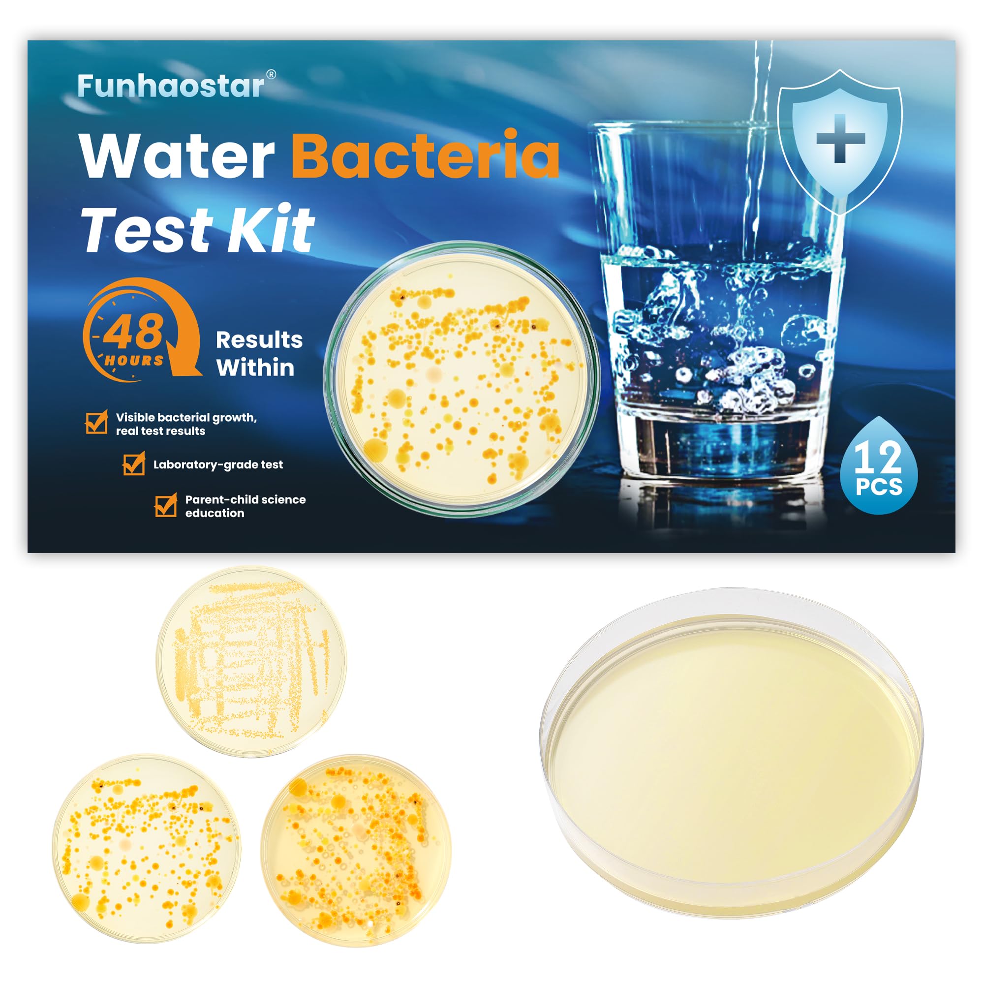 Funhaostar bacteria test kit with 12 culture plates for at-home water safety checks.