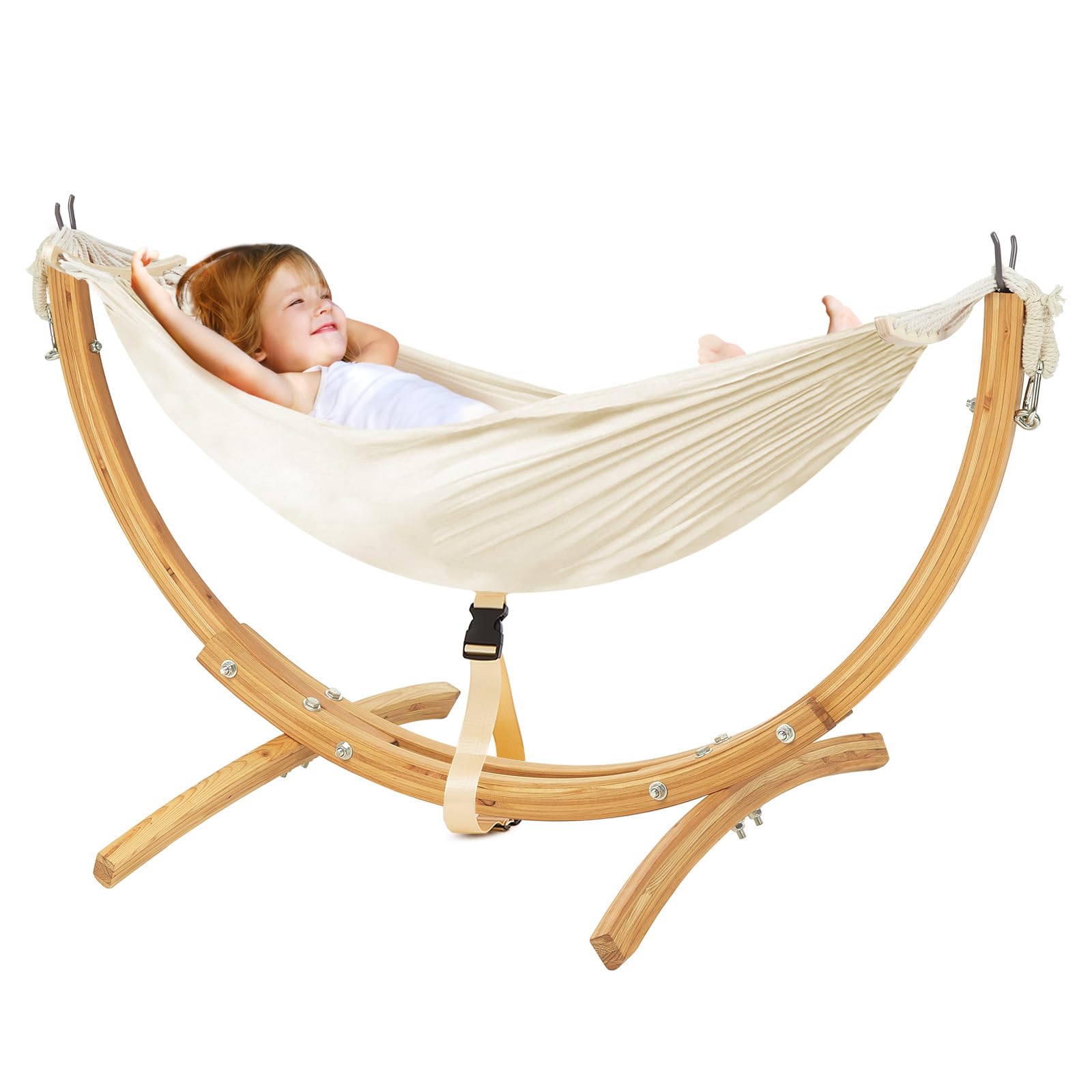 FUNLIO wooden hammock stand for kids 3-5 enjoys cozy indoor moments.