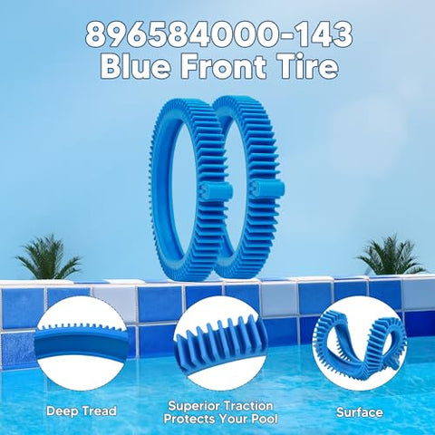 Blue front tire kit demonstrates tool-free replacement for Haywood cleaners.
