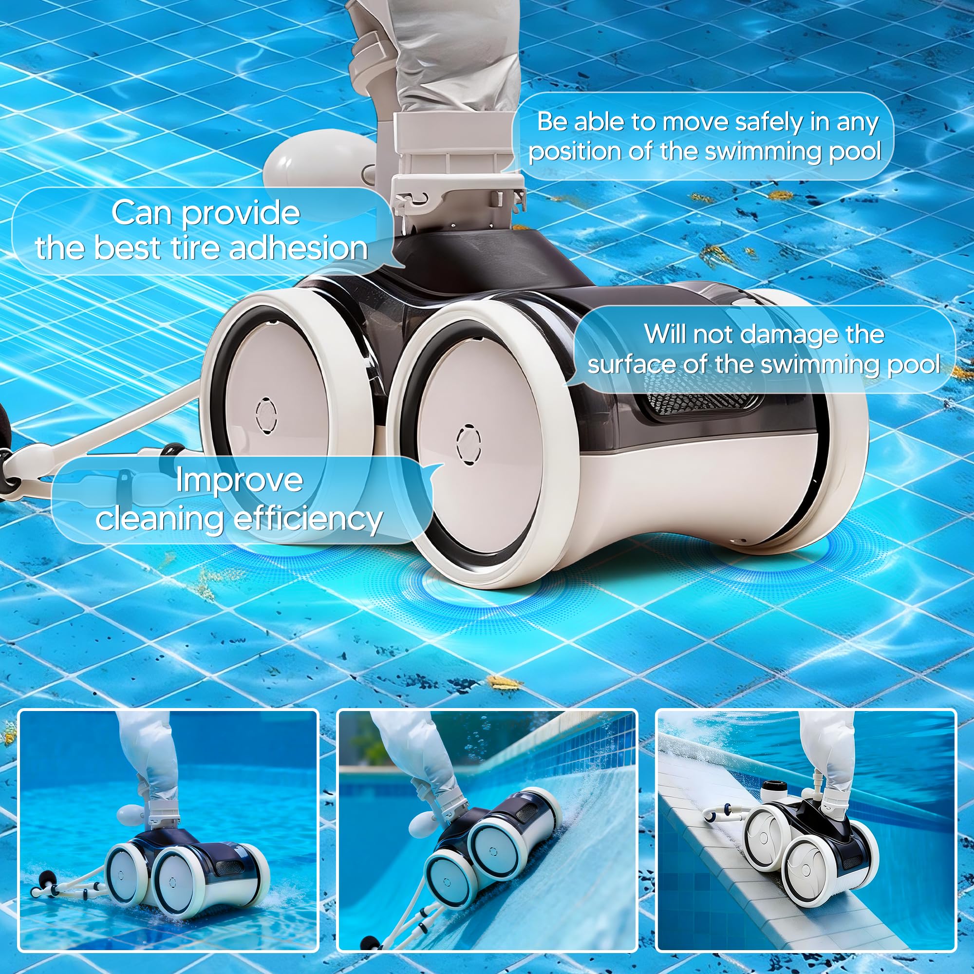 Funmit tire compatible with concrete, plaster, Pebble Tec, marcite finishes.