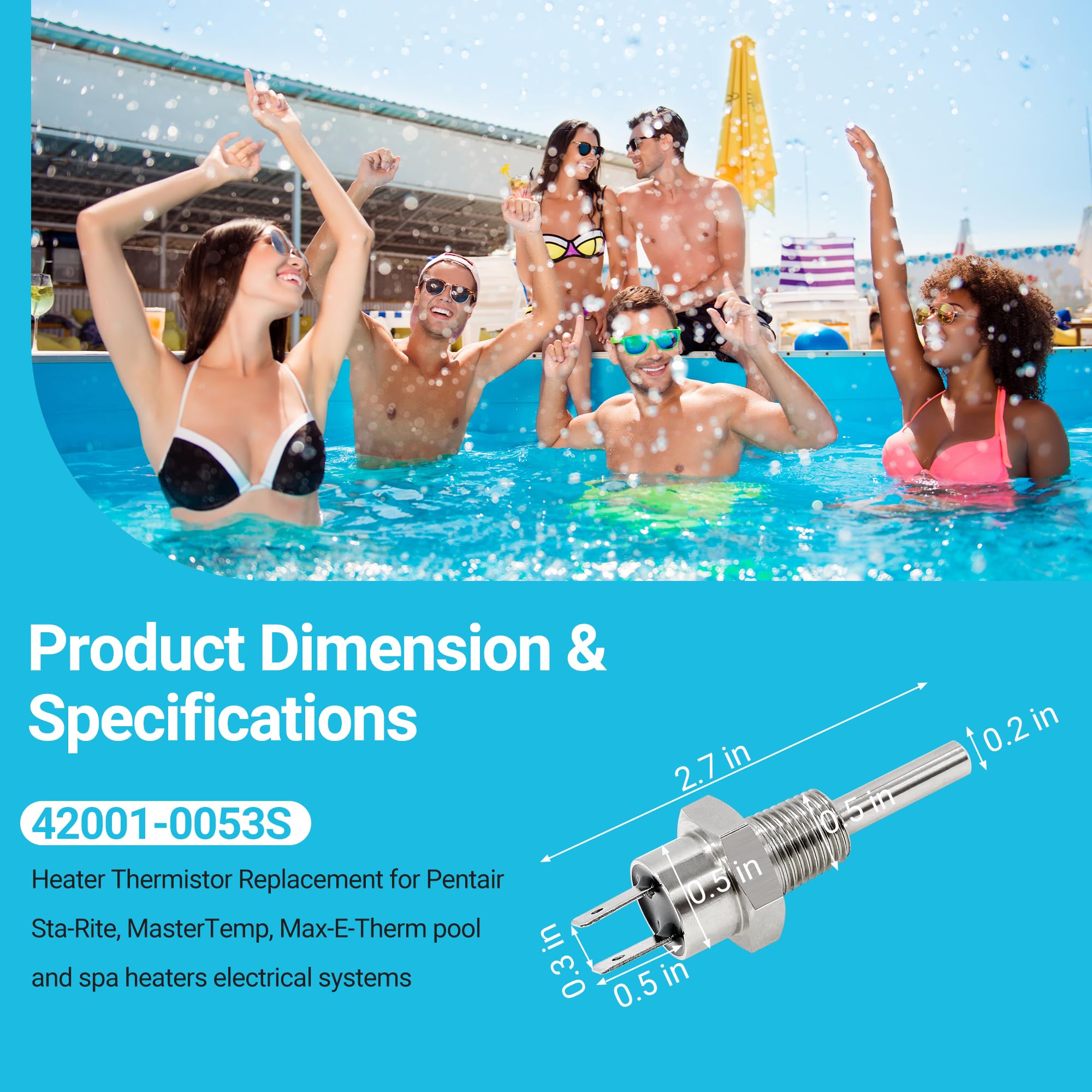 Funmit stainless steel thermistor construction for long-lasting pool equipment durability.