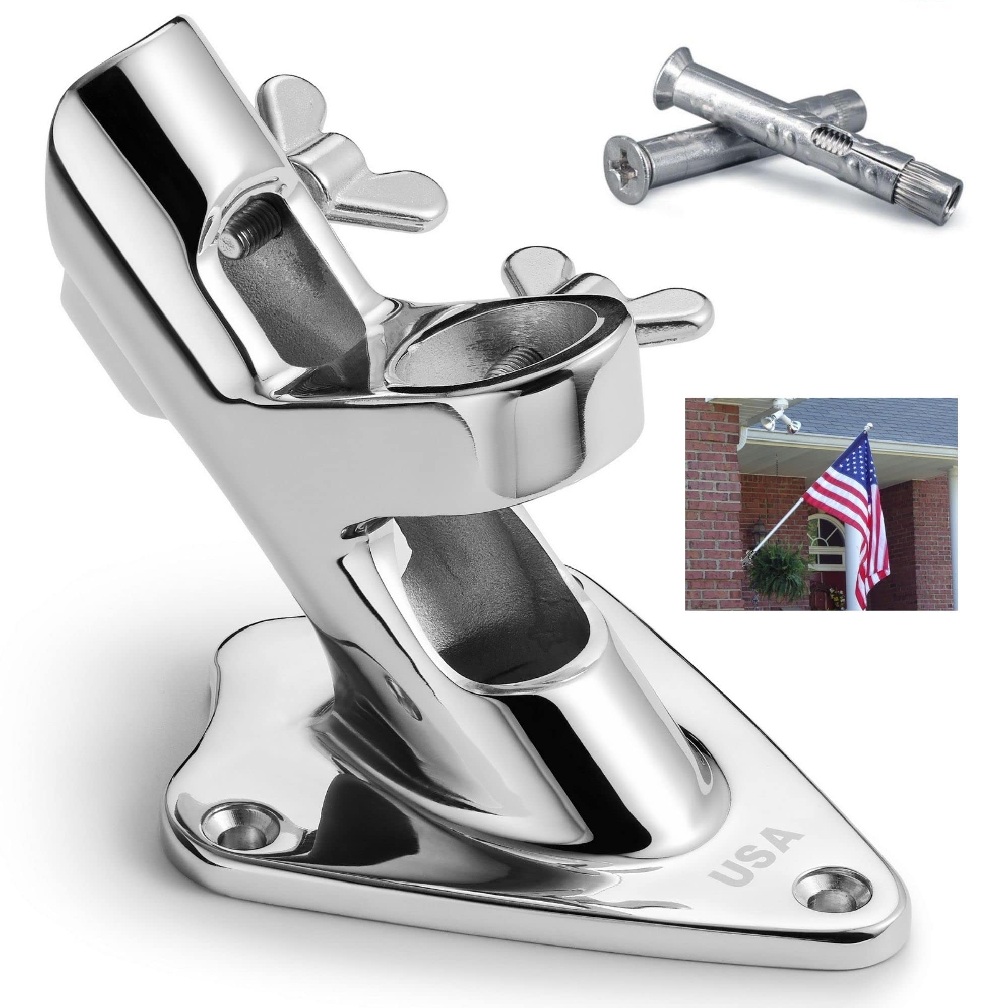 FUNNANS flag pole mount wall bracket with USA engraving for robust outdoor display.