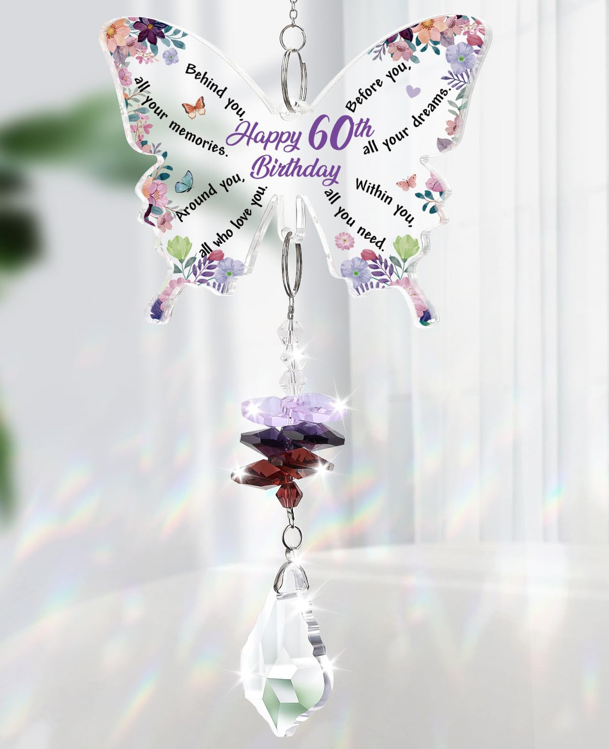 Funnli butterfly crystal suncatcher casting colorful light through windows