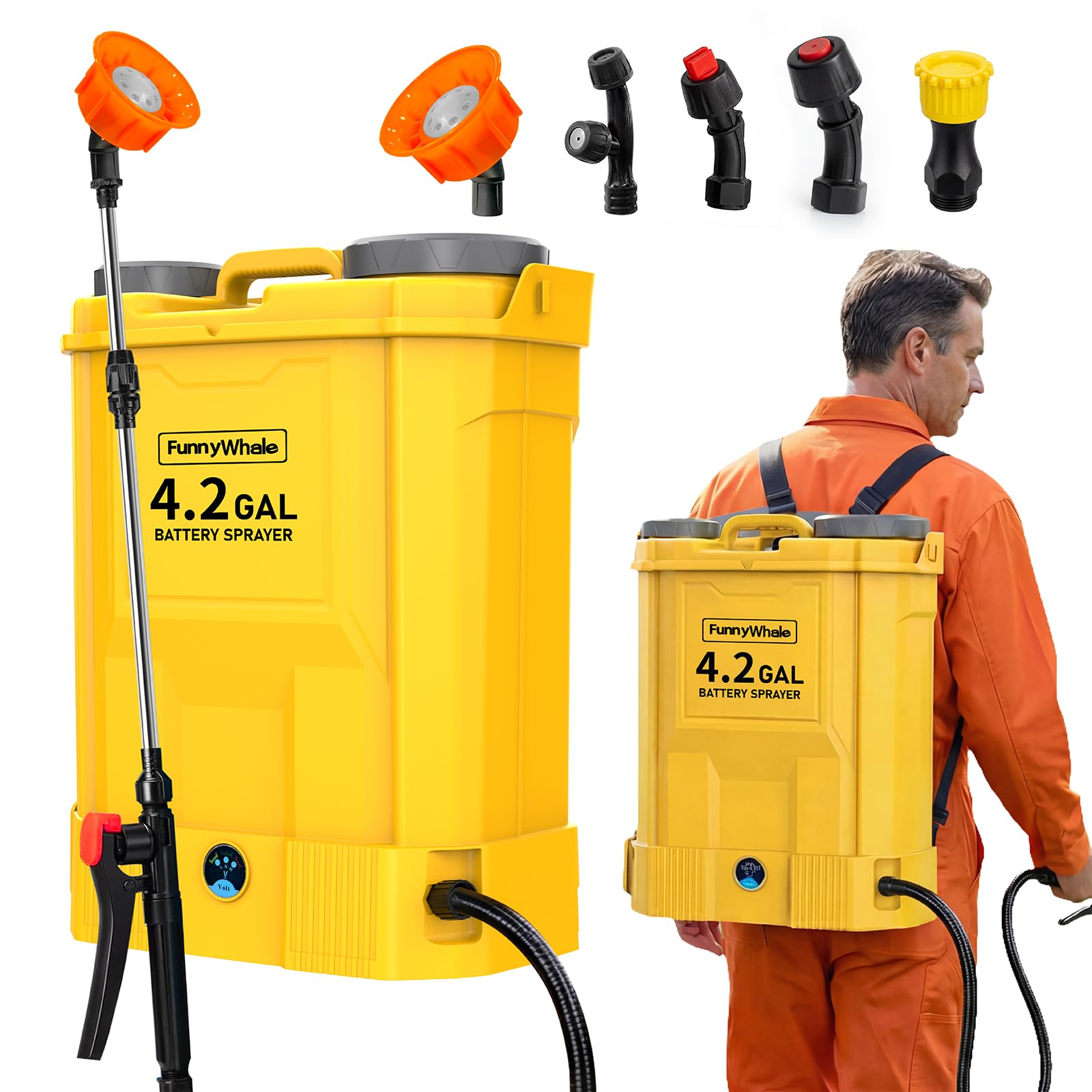 Funnywhale battery-powered backpack sprayer front view with ergonomic straps for long use.
