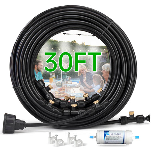 Funpynani 30ft outdoor misting system cooling patio area with visible tubing and nozzles