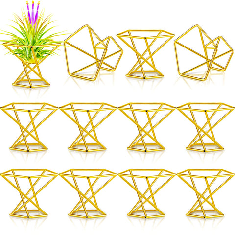 Funrous geometric air plant holder with gold finish, ideal for desk decor.