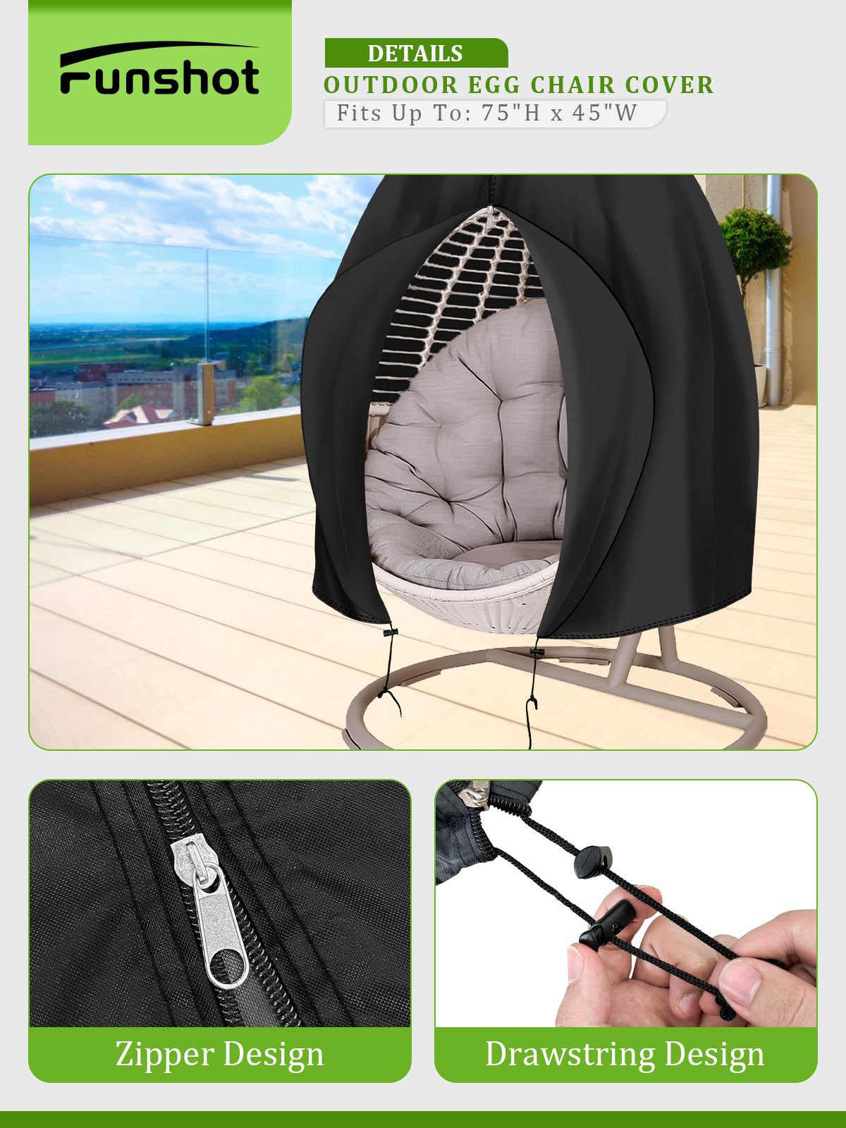 Funshot 210D oxford fabric cover provides rain and UV protection for outdoor furniture.