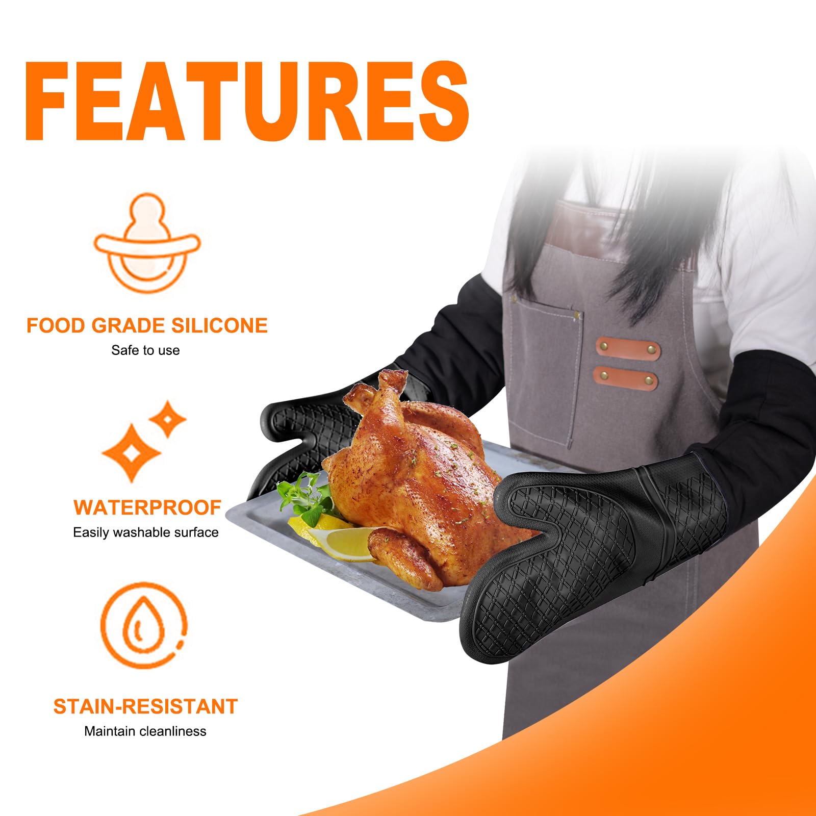 FunSiltasy easy-clean, waterproof silicone mitts wipe clean after cooking.