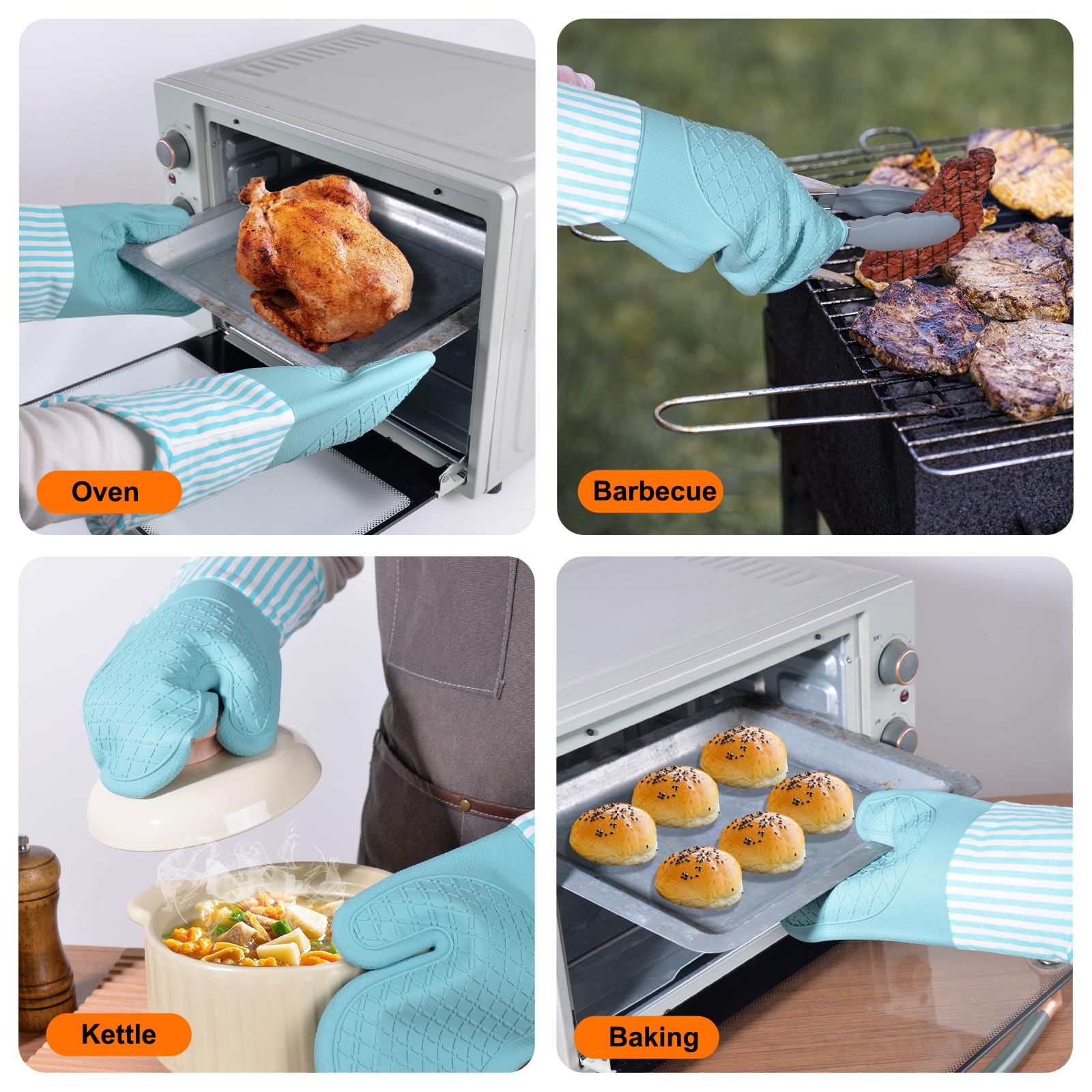 FunSiltasy oven mitts provide heat protection up to 484°F.