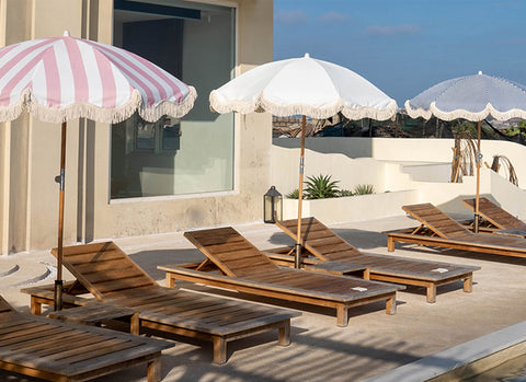 Funsite pink stripe fringe umbrella adds festive garden appeal