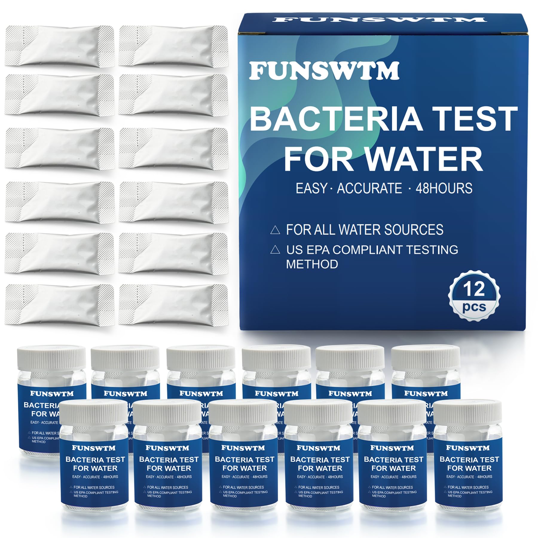 FUNSWTM Coliform Test Kit packaging shows a 12-pack for convenient at-home testing.