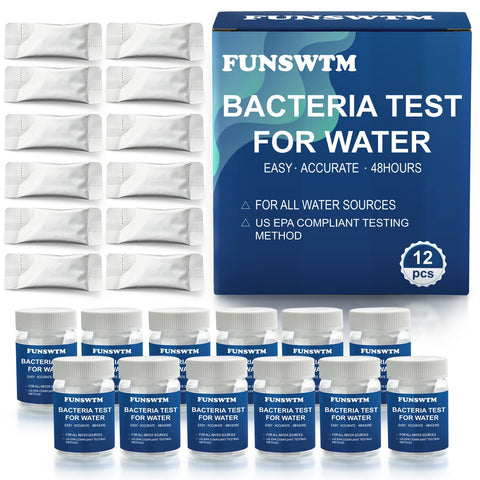 FUNSWTM Coliform Test Kit packaging shows a 12-pack for convenient at-home testing.